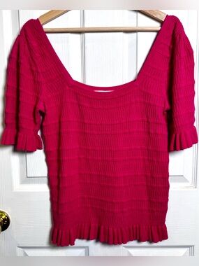 Adam Lippes Collective XL Fuchsia Ribbed Knit Puff Sleeve Ruffle Hem Sweater Top